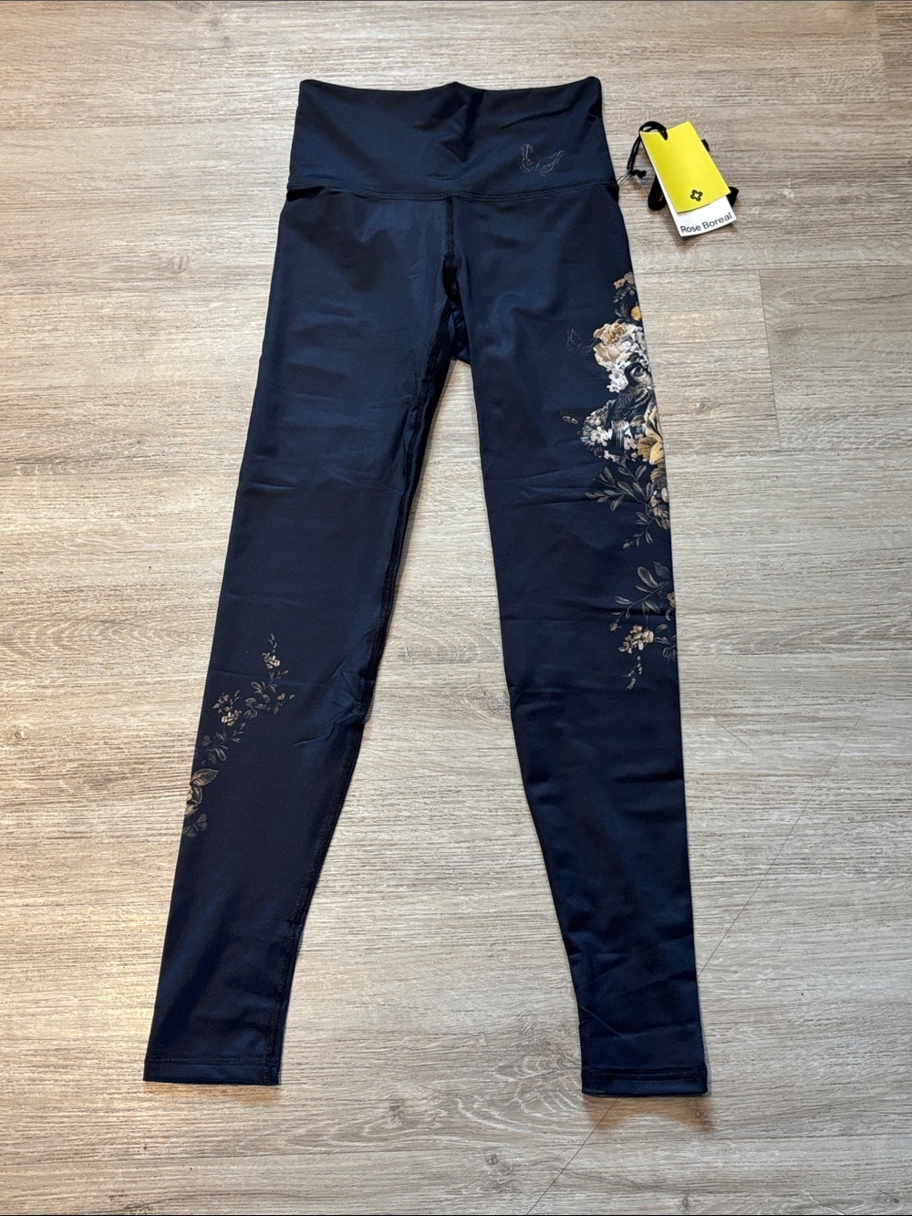 Rose Bower High-Waist Black Leggings with Gold Floral Print